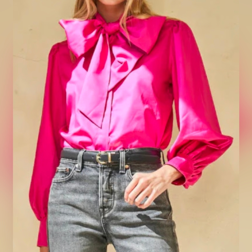 Hunter Bell Farris Silk Tie Neck Blouse Fuschia Size Small